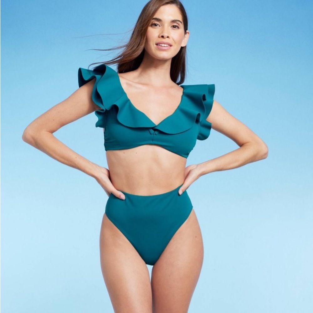 Ruffle Bralette Bikini Top - Shade & Shore Teal Green Size 36DD
NWT